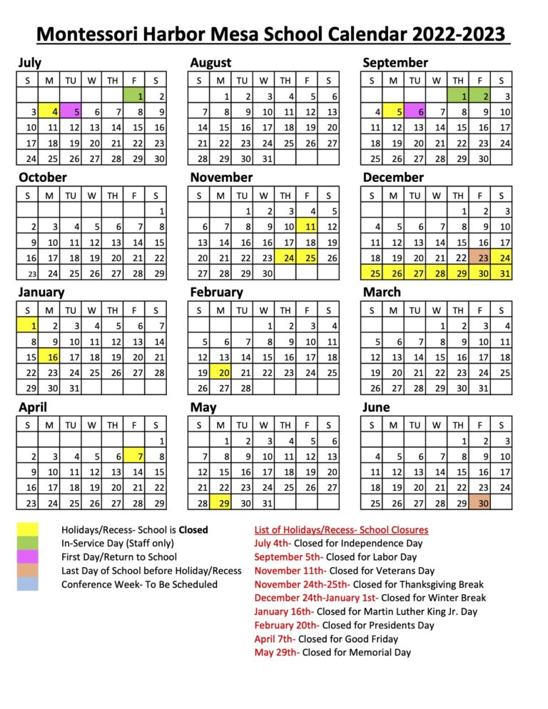 School Calendar Montessori HarborMesa